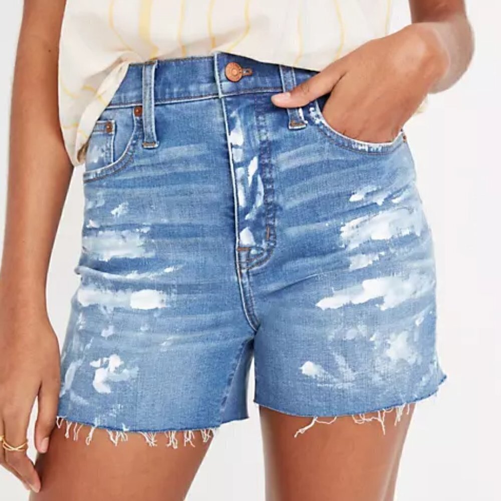 Madewell Blue High Rise Paint-Spattered Shorts 24